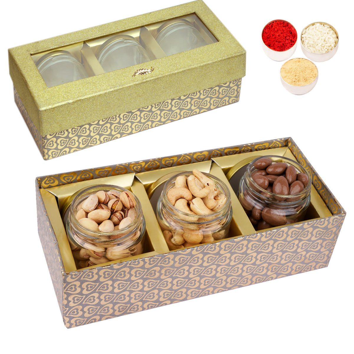 Bhaidhooj Gifts-Golden box with 3 Jars of Chocolate Coated Almonds, Roasted Cashews and Pistachios