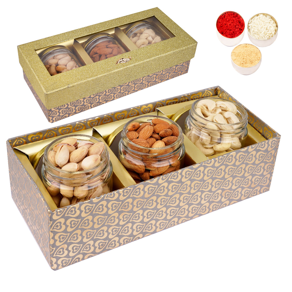 Bhaidhooj Gifts-Golden box with 3 Jars of Cashews, Almonds and Pistachios