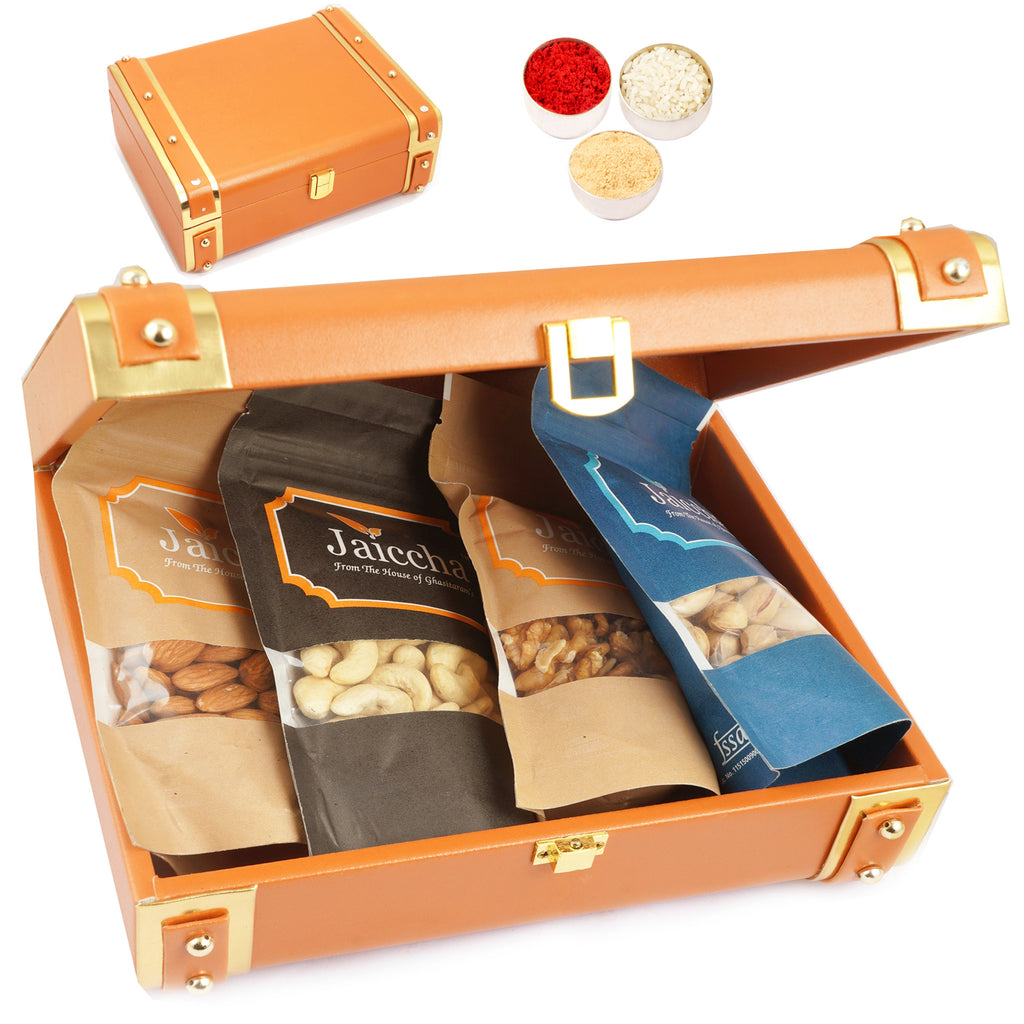 Bhaidhooj Gifts- Orange Trunk Box of Almonds, Cashews, Pistachio and Walnuts