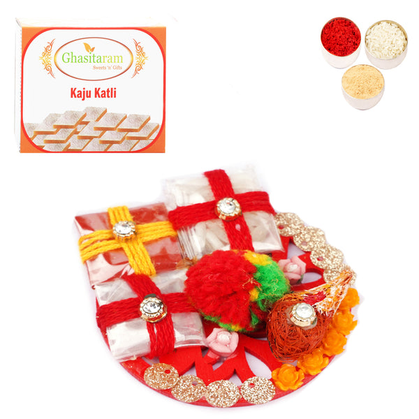 Traditional Roli Chawal container with 400 gms of Kaju katli 