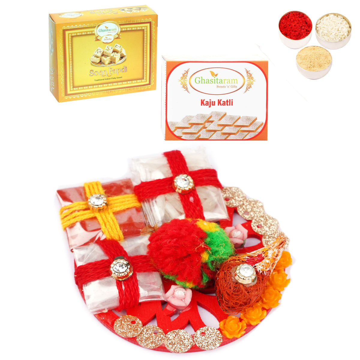 Traditional Roli Chawal container with 200 gms of Kaju katli and 200 gms of Soan Papdi 
