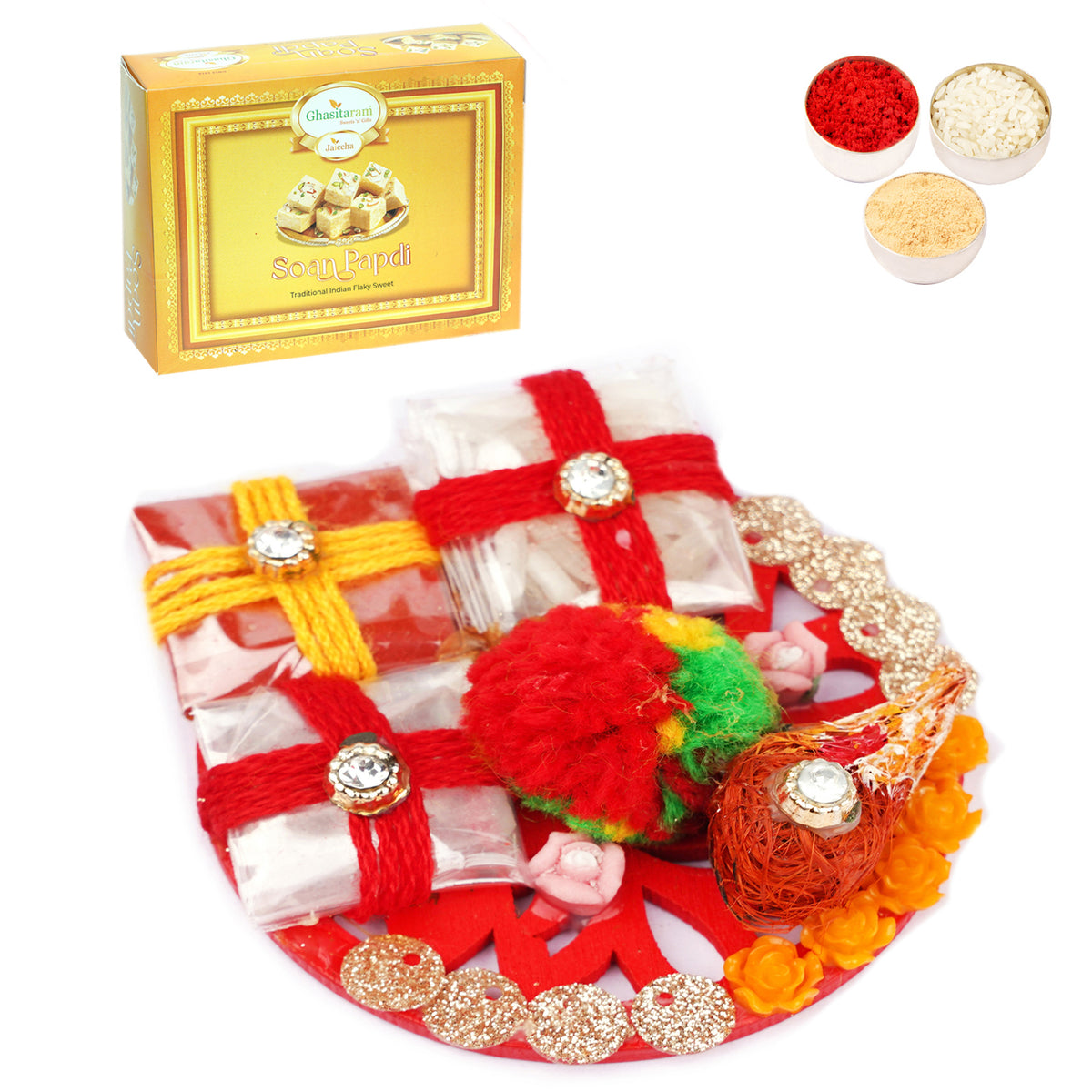 Traditional Roli Chawal container with 400 gms of Soan Papdi 