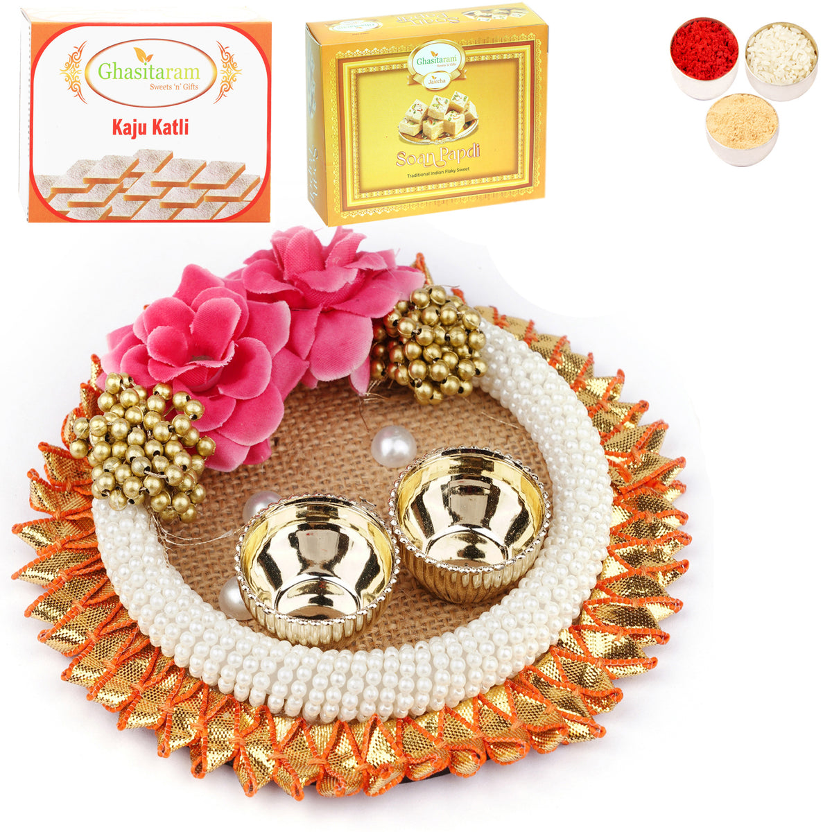 V-127 Pooja Thali  with 200 gms of Kaju katli and 200 gms of Soan Papdi 