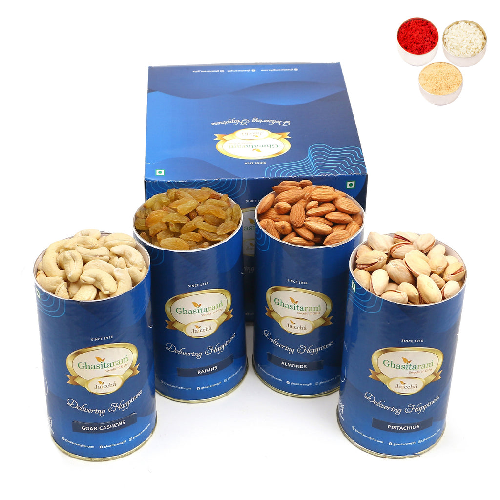 Bhaidooj Gifts-Cashews, Almonds, Pistachios, Raisins Cans