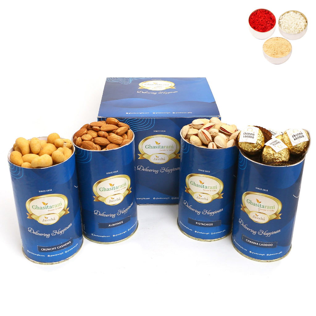 Bhaidooj Gifts-Crunchy Cashews, Almonds, Pistachios, Channa Laddoo Cans