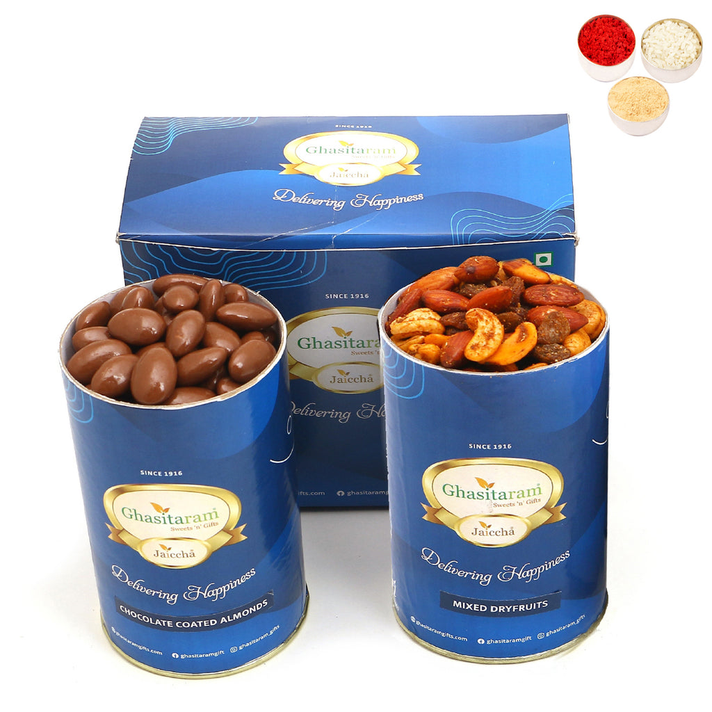 Bhaidooj Gifts-Chocolate Almonds and Mix Dryfruits Cans