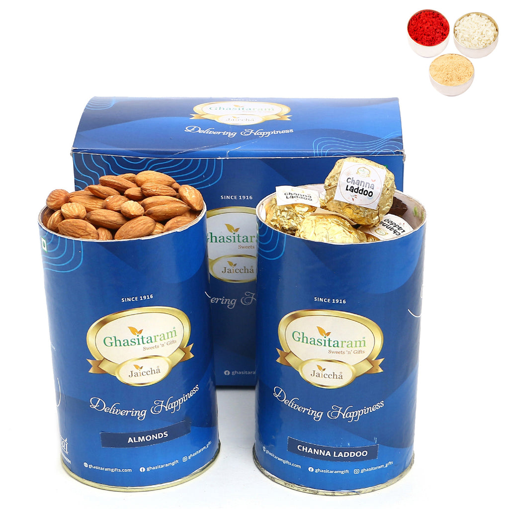Bhaidooj Gifts-Channa Laddoo and Almond Cans