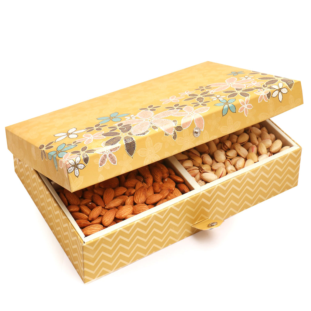 Corporate Gifts-Gold 4 Part Print Dryfruit Box 1000 gms