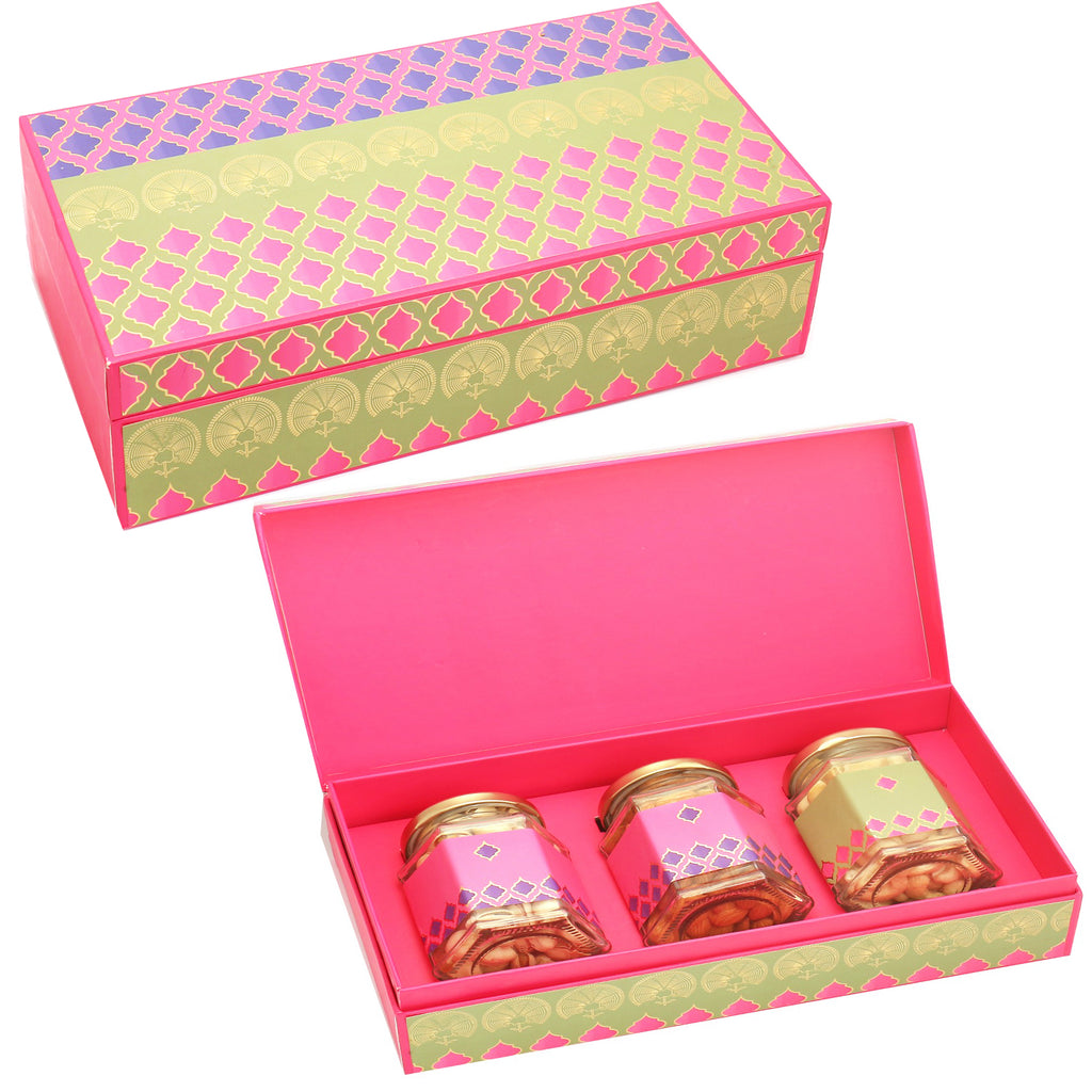 Corporate Gifts-Pink Green Assorted Dryfruit 3 Jars Box