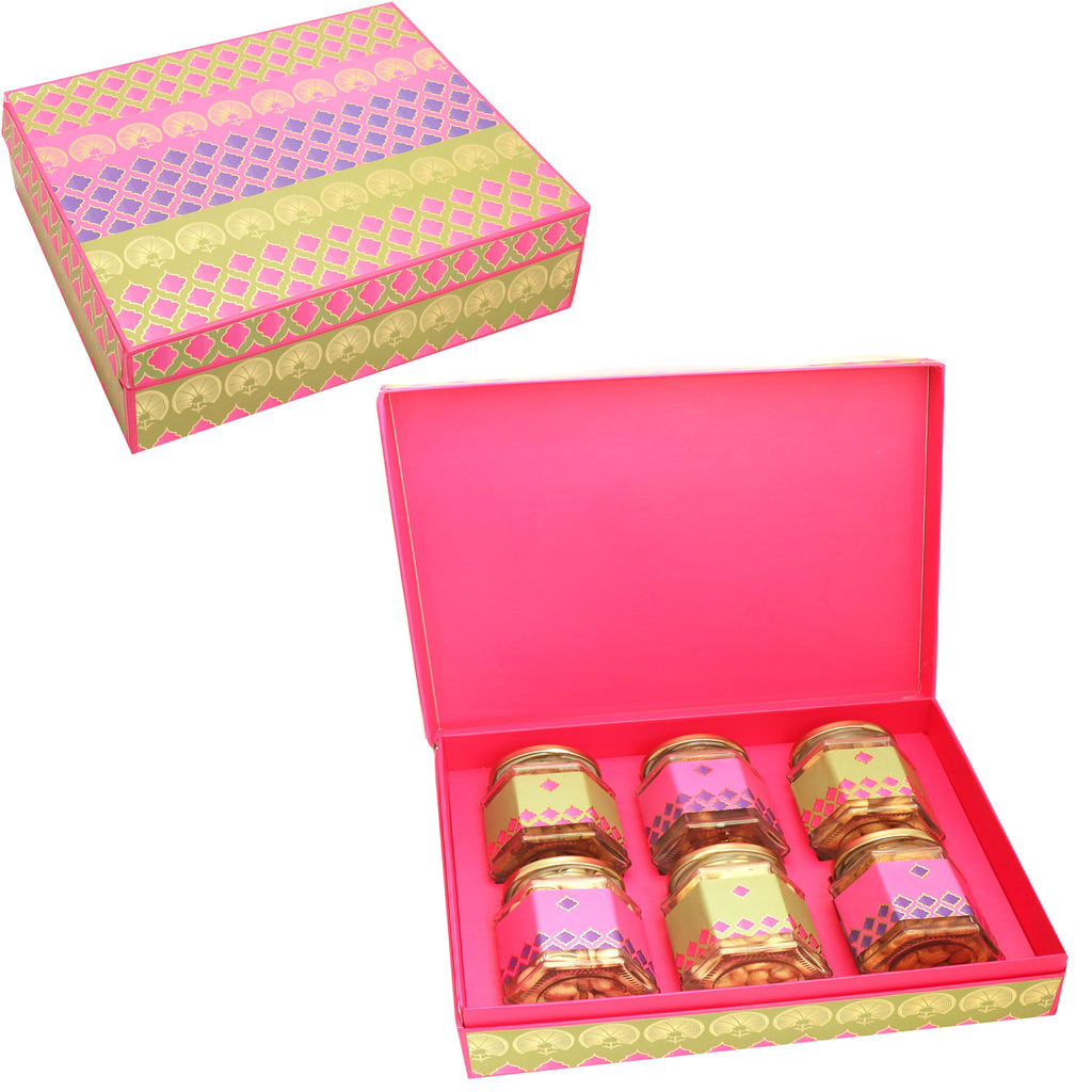 Corporate Gifts-Pink Green Assorted Dryfruit 6 Jars Box