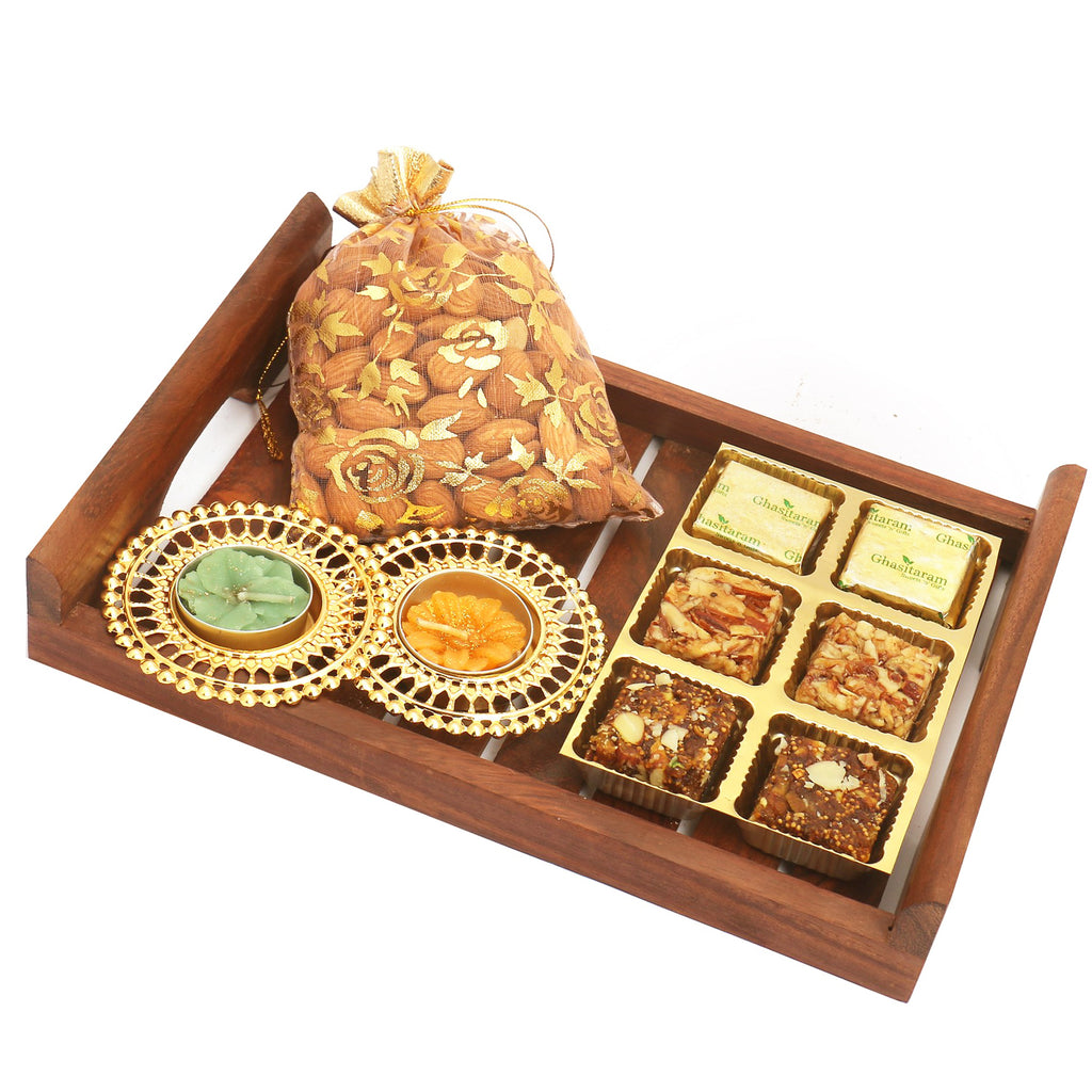 Corporate Gifts-Striped Wooden Tray with Assorted Bites, Almonds and 2 T-lites