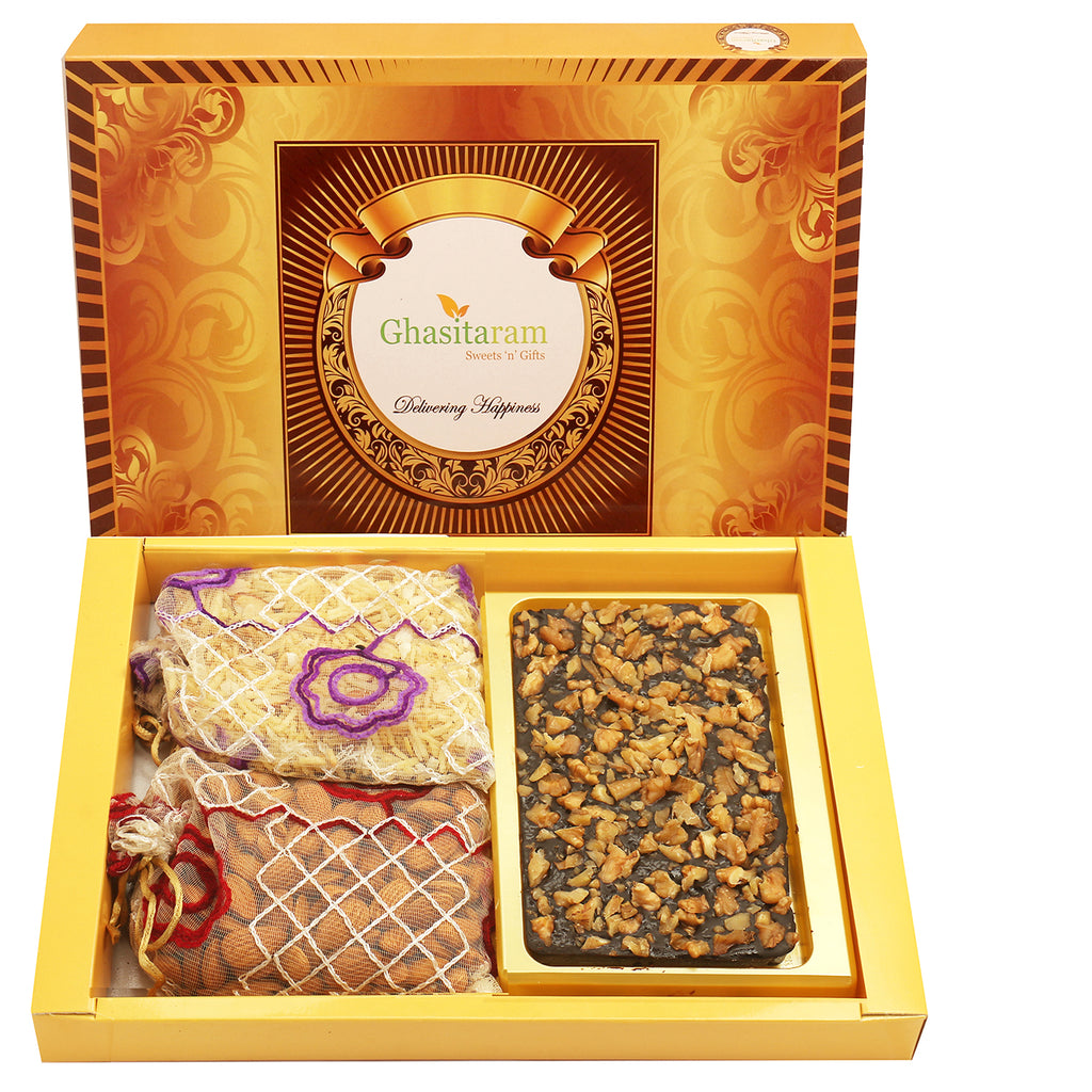 Corporate Gifts-Big Box Of Walnut Chocolate Bark, Almonds and Namkeen Pouch