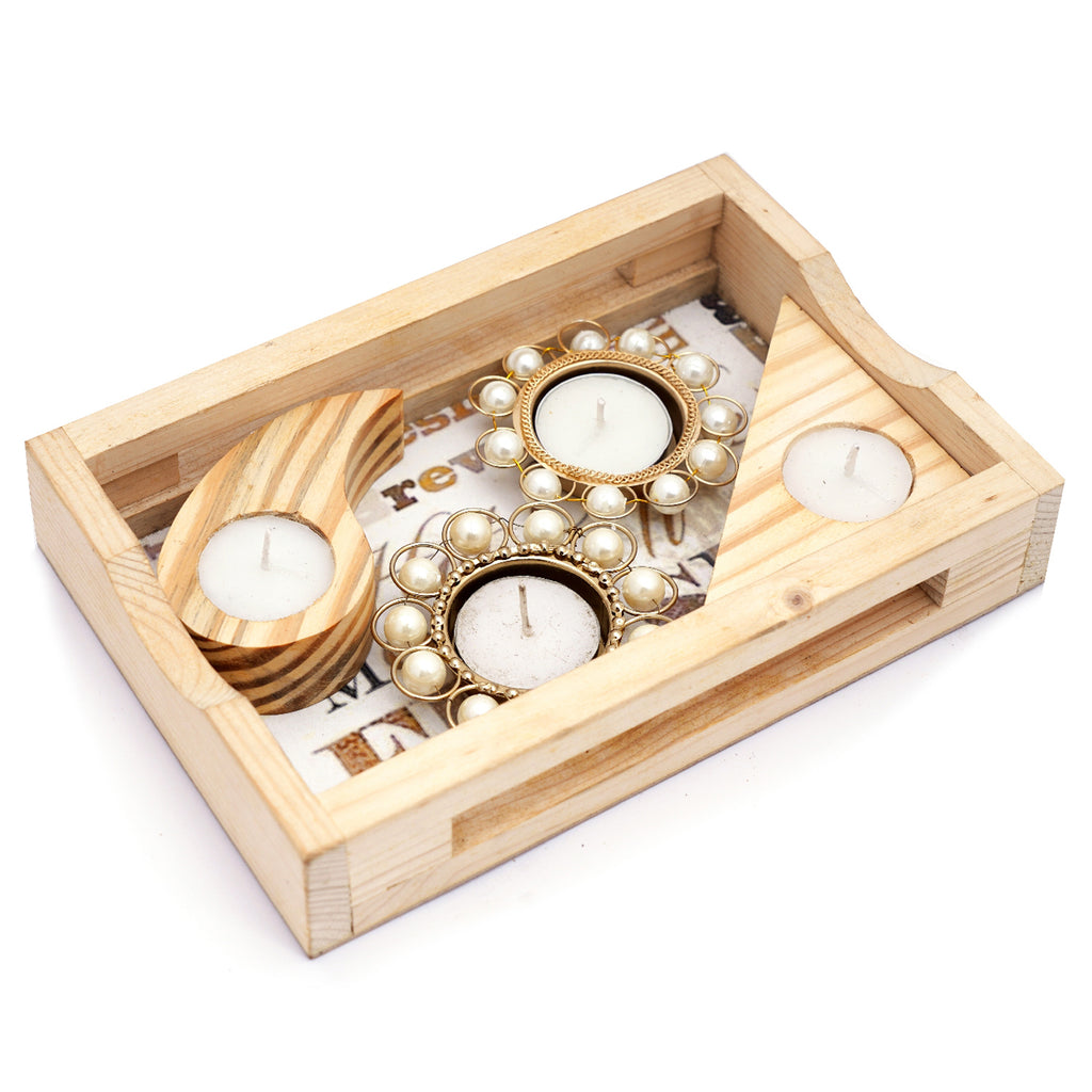 Natural Wood Tray with 4 T-Lites (2 pearl, triangle and drop)