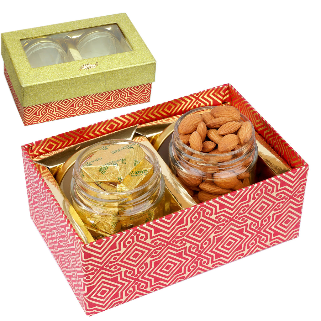 Corporate Gifts-Golden box with 2 Jars of Almonds and Mewa Bites