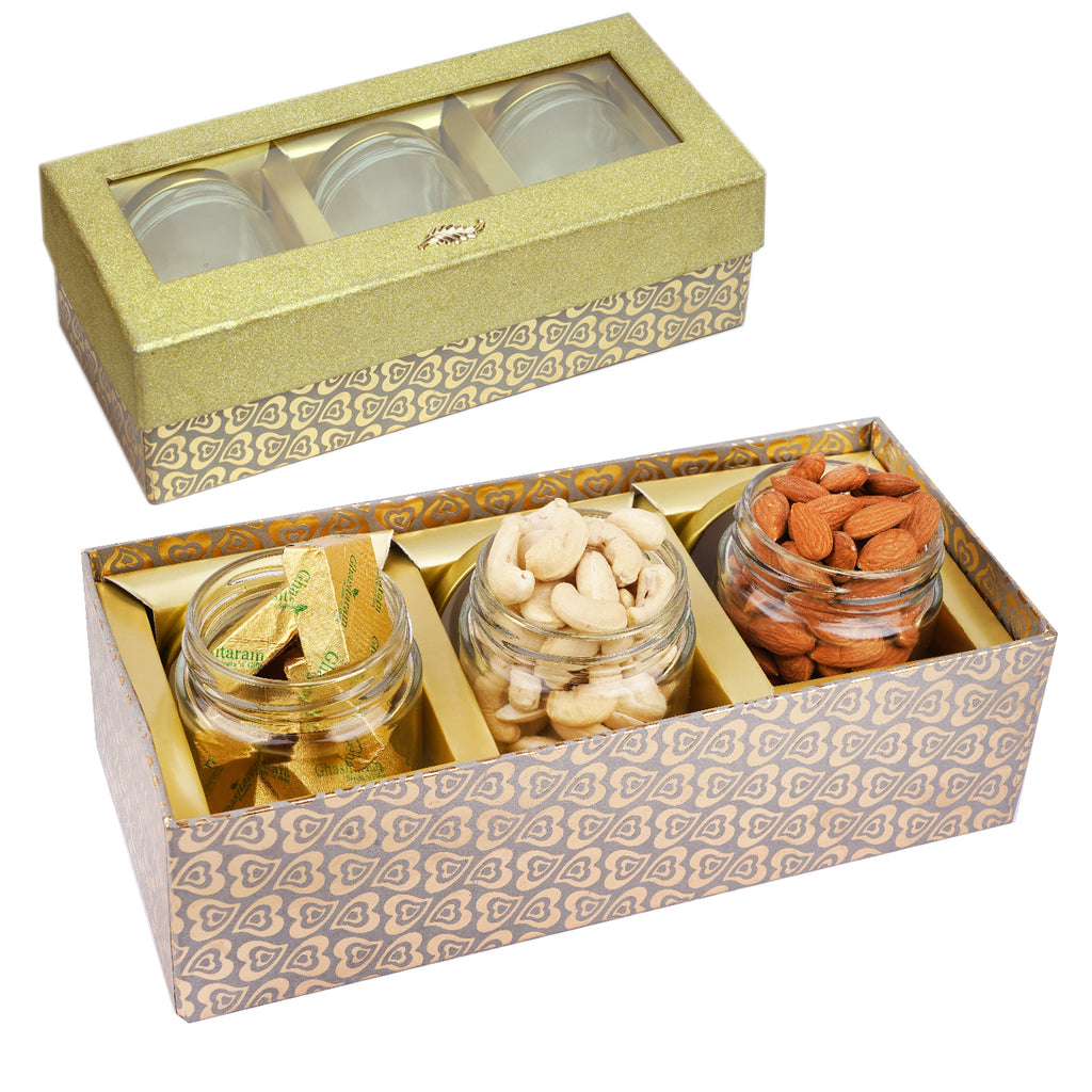 Corporate Gifts-Golden box with 3 Jars of Cashews, Almonds and  Mewa Bites