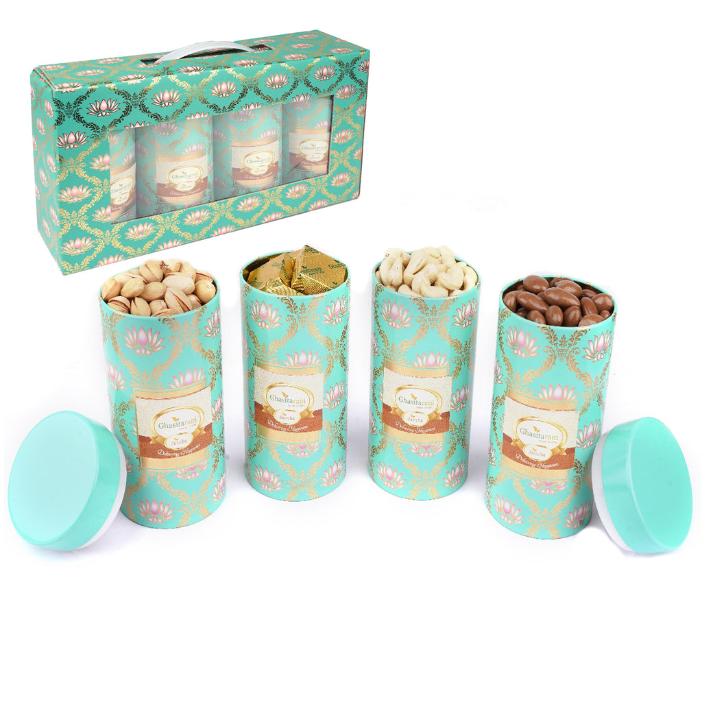 Corporate Gifts-Lotus Box 4 Tin Jars Cashew, Pista, Chocolate Coated Almonds and Mewa Bites