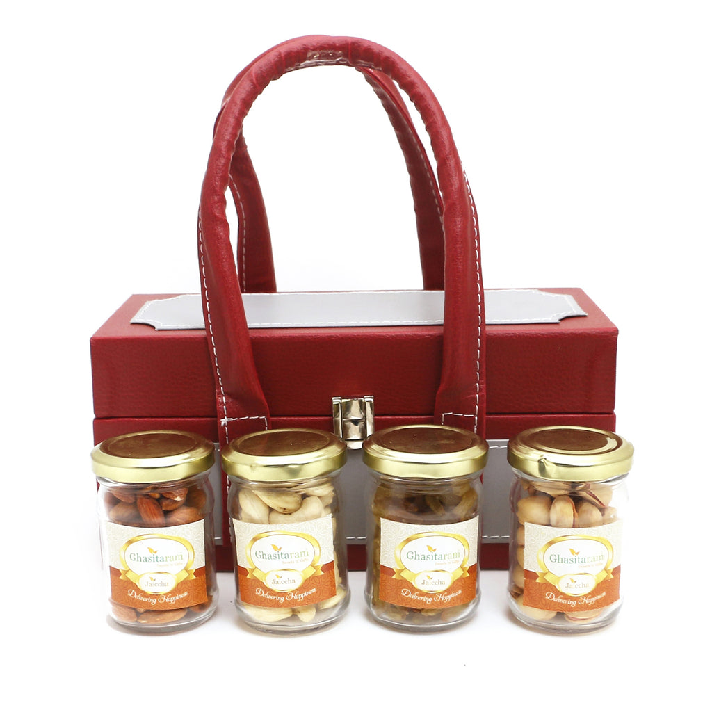 Corporate Gifts-Apex Wooden Box Of 4 Dryfruits Jars