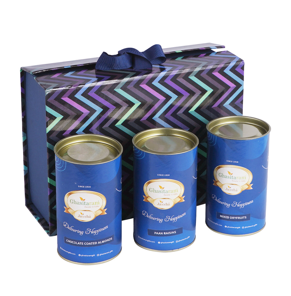 Corporate Gifts-Blue Zig Zag box of 3 Dryfruit Cans 