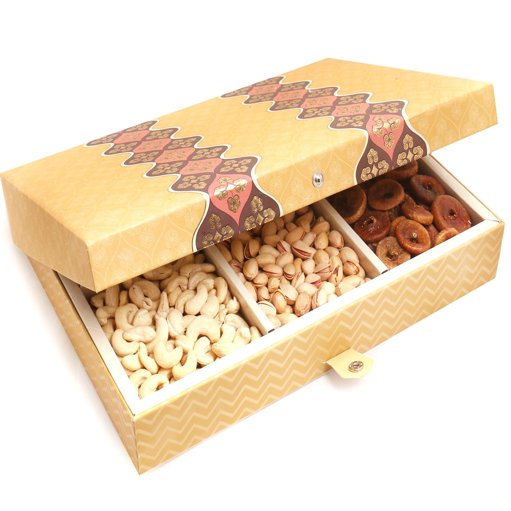 Corporate Gifts-Gold 6 Part Print Dryfruit Box 900 gms