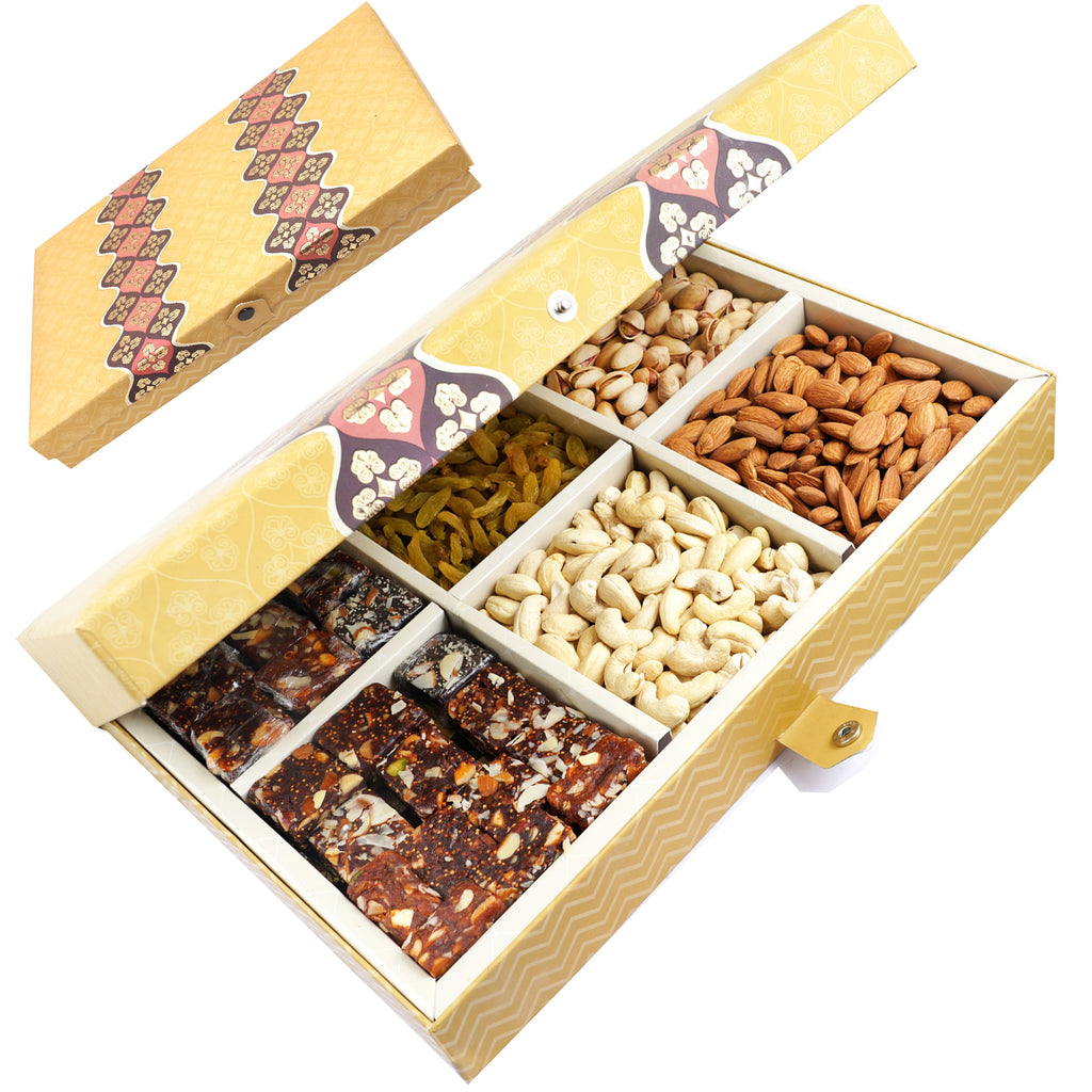 Corporate Gifts-Golden 6 Part Box with Dryfruits and Sugarfree Bites 900 gms
