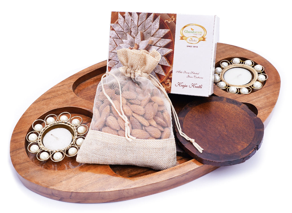 Corporate Gifts-Chip n Dip Wooden Platter with T-lites, Coasters, Almonds Pouch And Kaju Katli