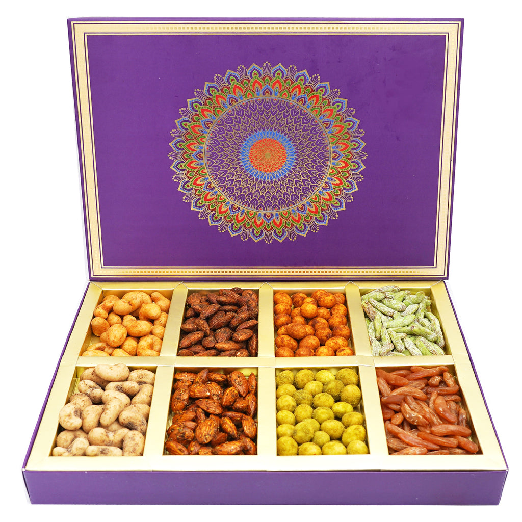 Corporate Gifts-Fusion 8 Parti Box of Crunchy Cashews, Crunchy Peanuts, Flavoured Raisins and Flavoured Almonds