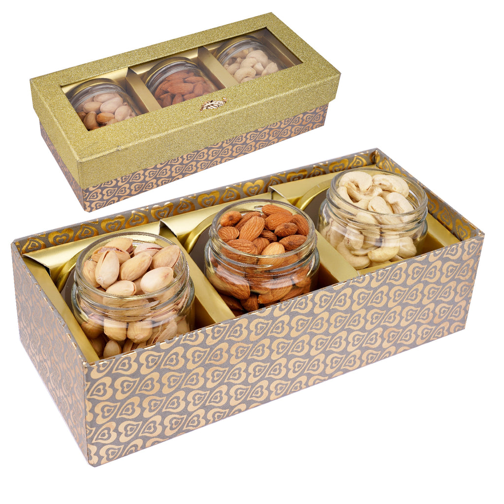 Corporate Gifts-Golden box with 3 Jars of Cashews, Almonds and Pistachios