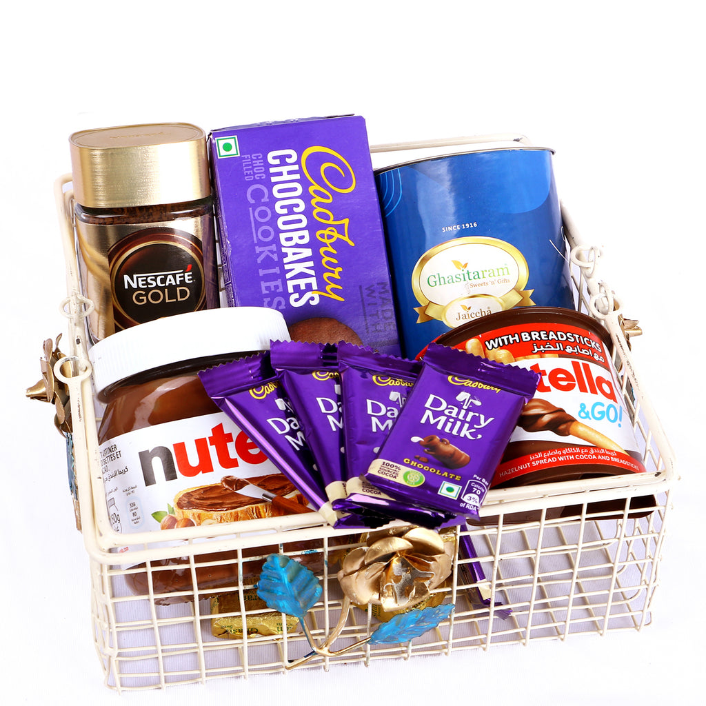 Corporate Gifts-White Metal basket of Assortments with Bites Can 