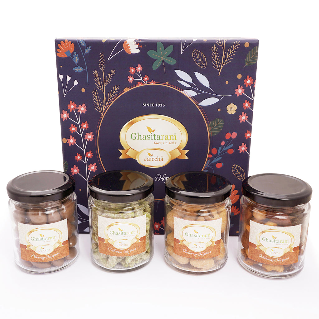 Corporate Gifts-Ghasitaram Hamper Box of 4 Assorted Dryfruit Jars  
