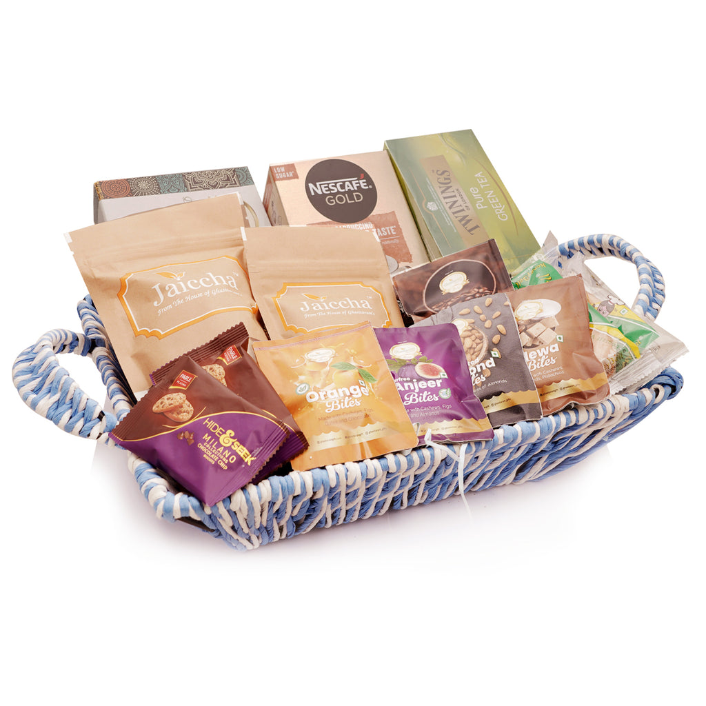 Corporate Gifts-Blue Recatangle Jute Basket of 20 Goodies with Milk cake