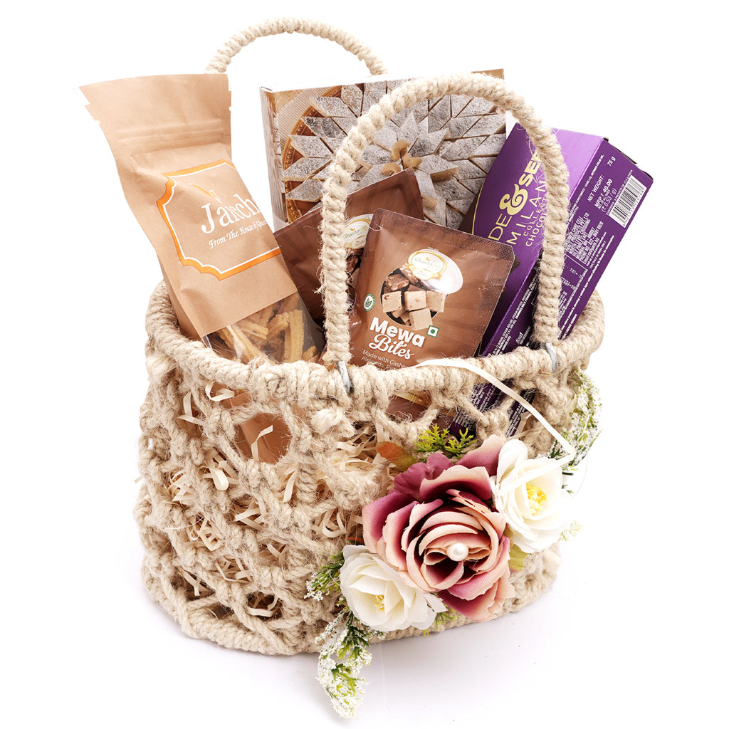 Corporate Gifts-Jute Flower Basket with Kaju Katli