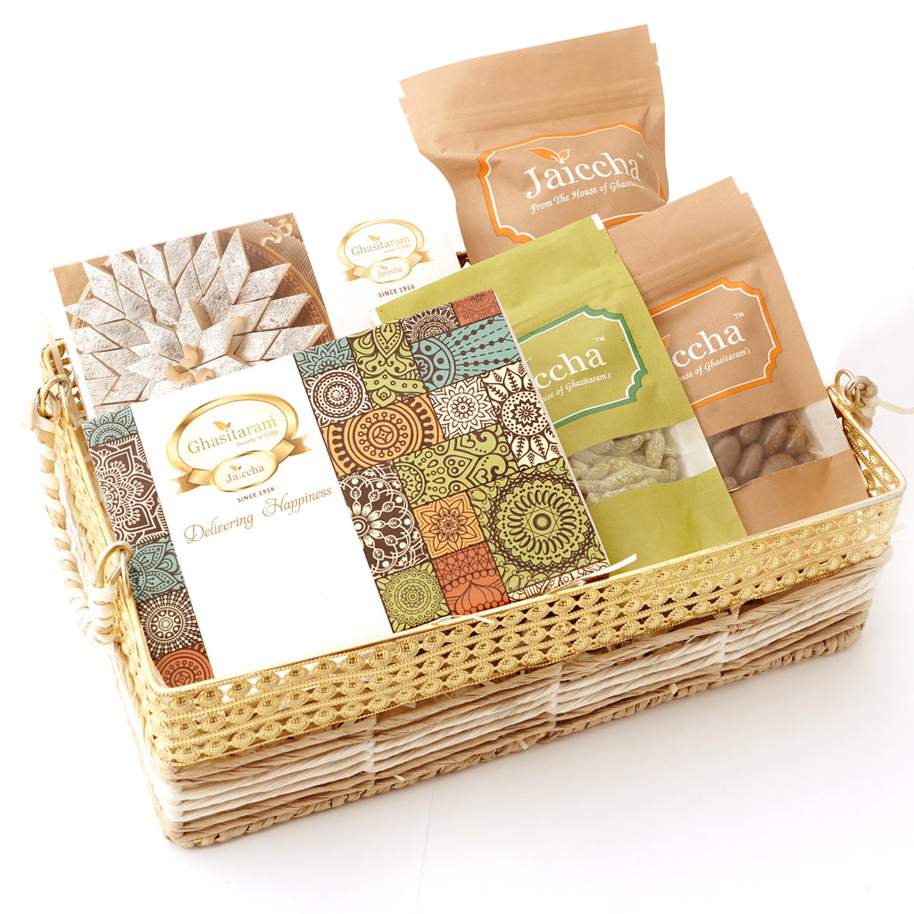 Corporate Gifts-Jute Metal Rectangle Basket with Kaju Katli and Milk Cake