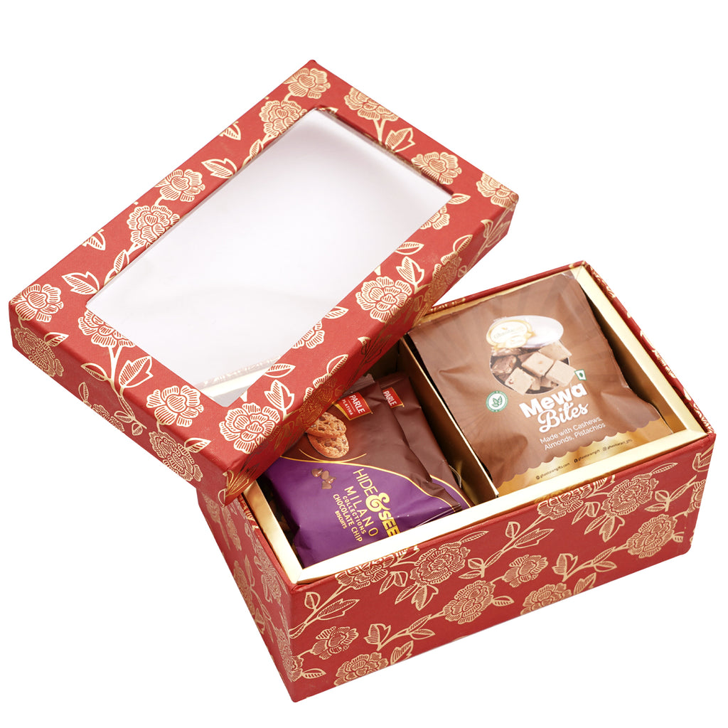 Corporate Gifts-Red printed 2 Part Fancy Box with bites and cookies