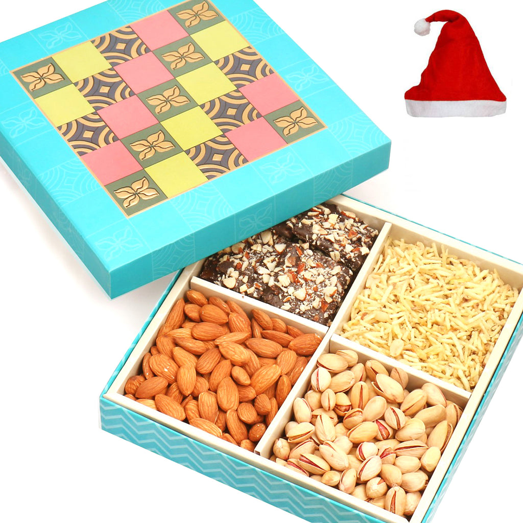 Blue Colour Print Hamper box with Almonds, Pistachios, Namkeen and English Brittles Chocolates 400 gms