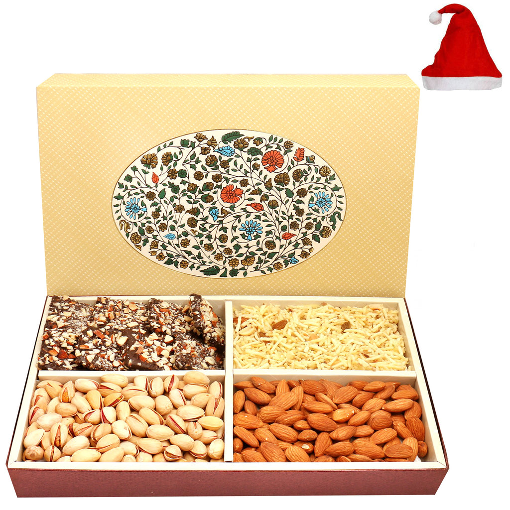 Eco 4 Part Print Hamper box with Almonds, Pistachios, Namkeen and English Brittles Chocolates 600 gms