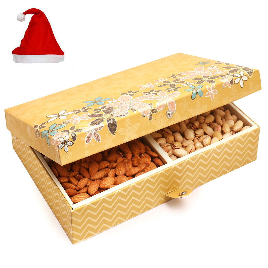 Gold 4 Print Hamper box with Almonds, Pistachios, Namkeen and English Brittles Chocolates 600 gms