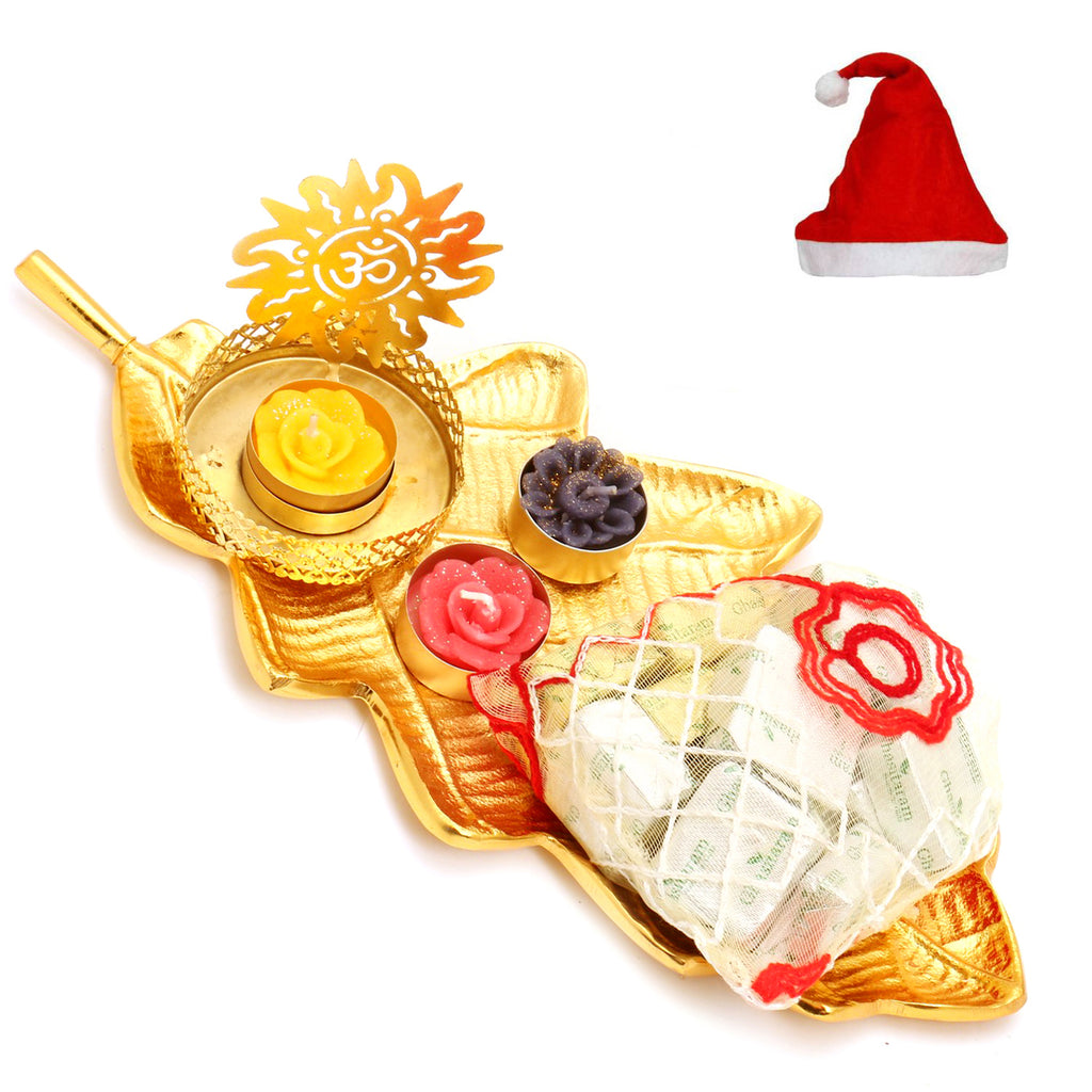  Golden Leaf Platter with Om T-Lite and Chocolates Pouch