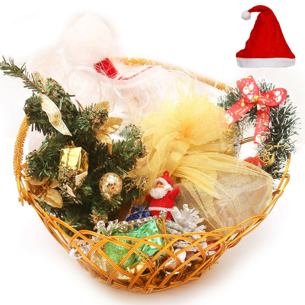 Gold Wired Basket with Plum Cake, Christmas Décor, Wreath, Christmas tree and Santa Cap Beard