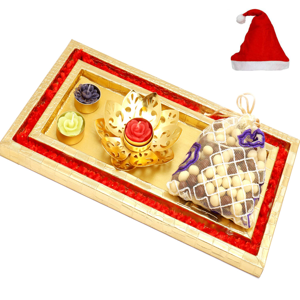  Red and Gold Thali with Golden T-Lite and Nutties Pouch