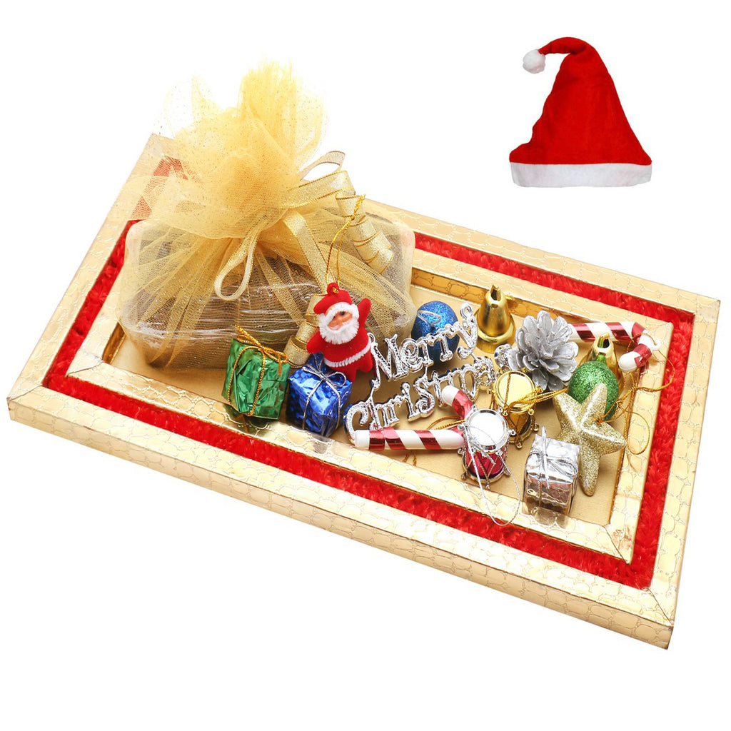 Red and Gold Tray with Plum Cake and Christmas Decor