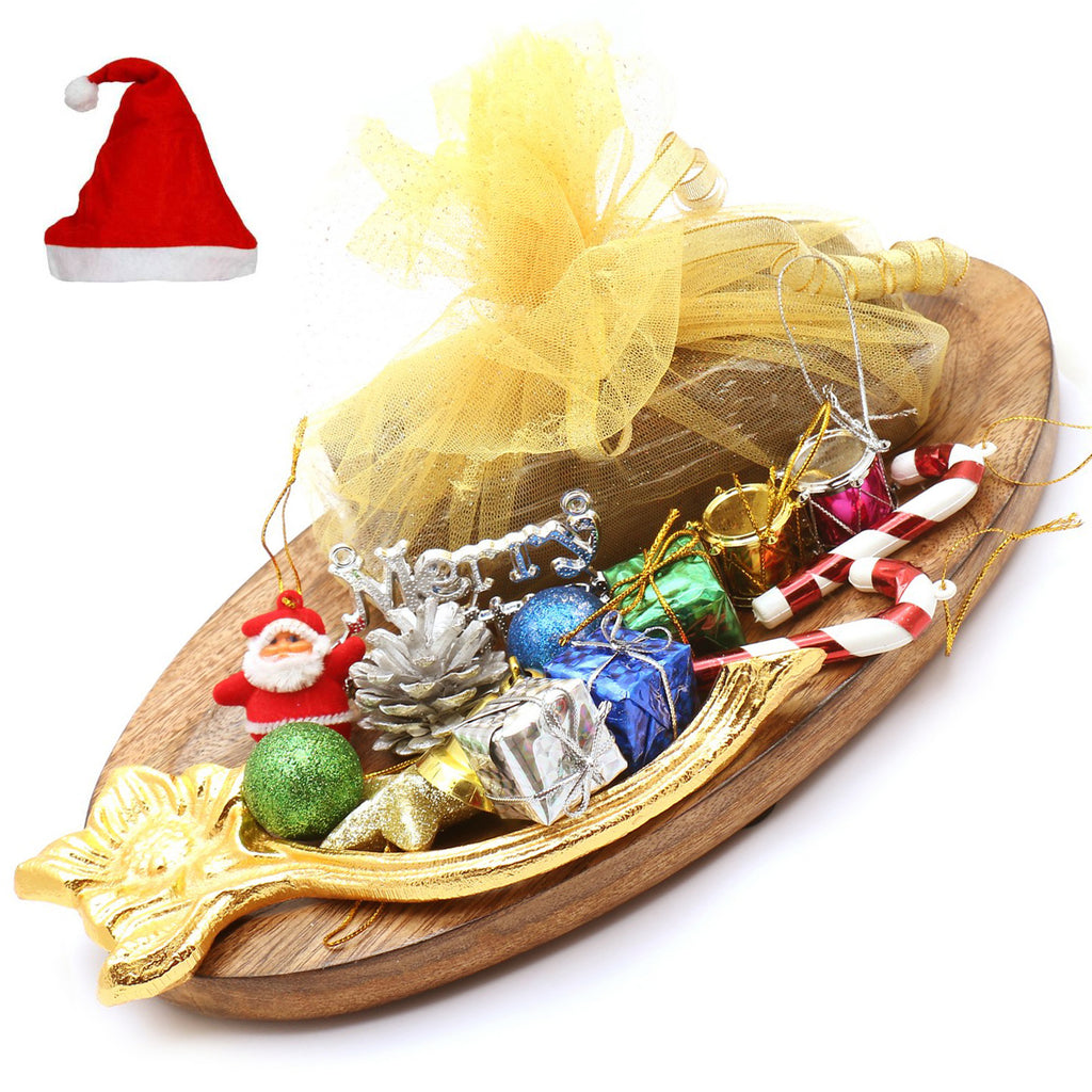 Wooden Platter with Plum Cake and Christmas Decor