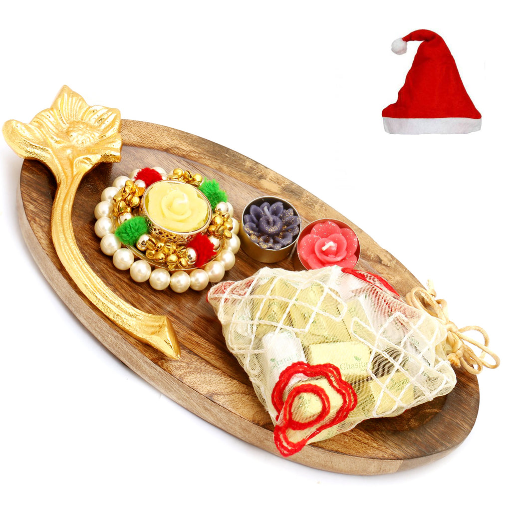 Wooden Platter with Pearl T-Lite and Sugarfree Chocolates Pouch