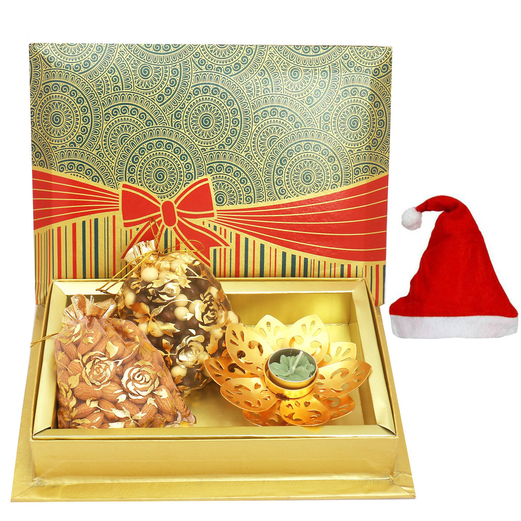 Almonds, Nutties Pouches with Golden T-lite in Fancy Gift Box