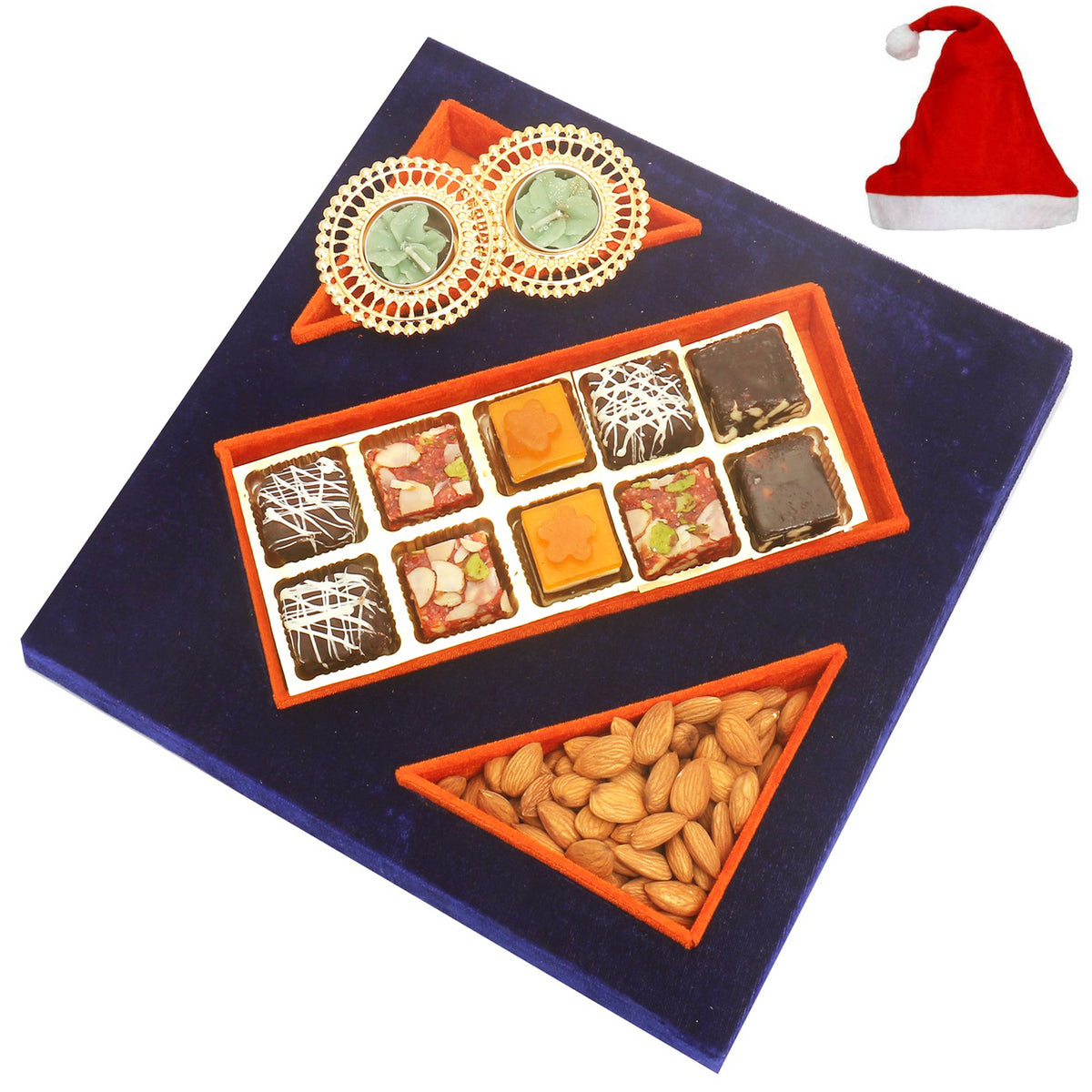Blue Velvet Tray of Ghasitaram Special Bites, Almonds  and 2 T-Lites