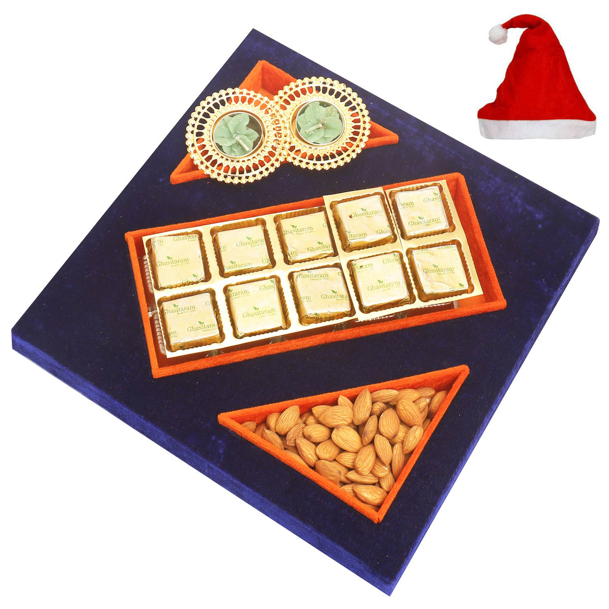 Blue Velvet Tray of Mewa Bites, Almonds  and 2 T-Lites