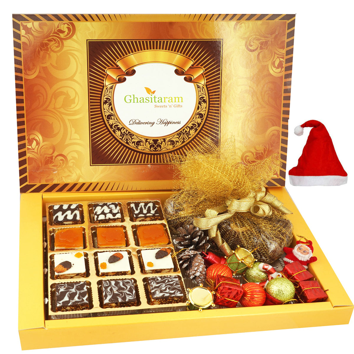 Big Box of Chooclate Dryfruit Bites,  Plum Cake and Christmas Decor