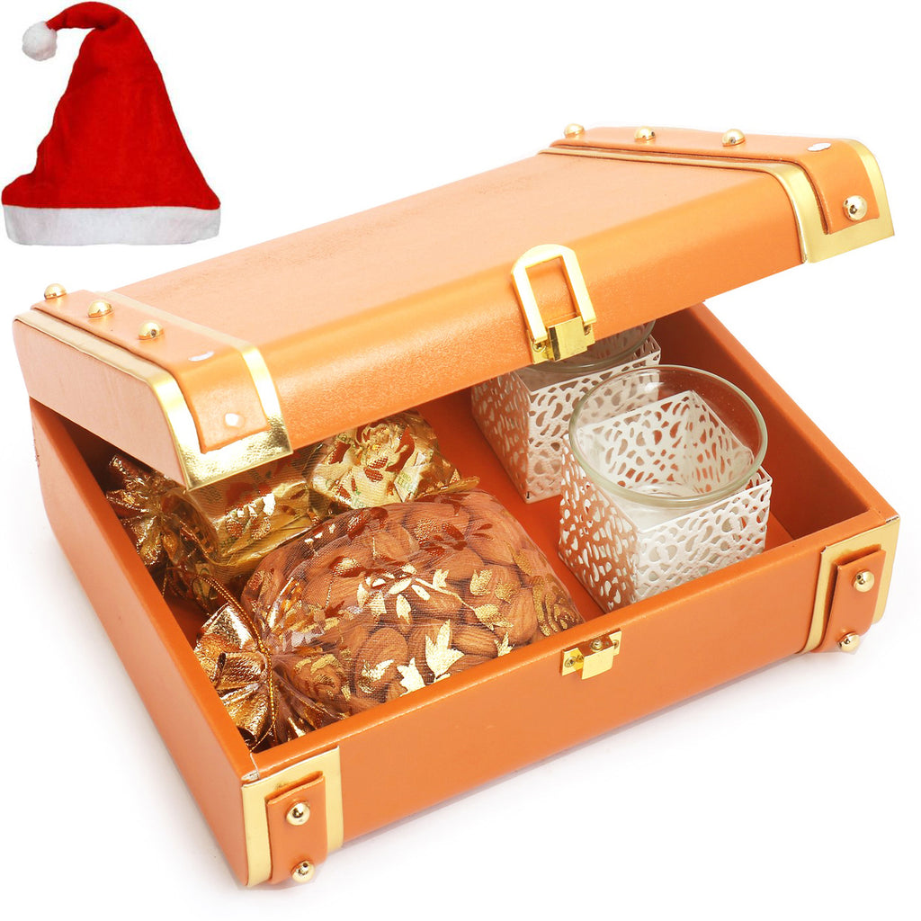 Orange Trunk Jewellery Box with Chocolates, Almonds Pouches and 2 Glass T-Lites