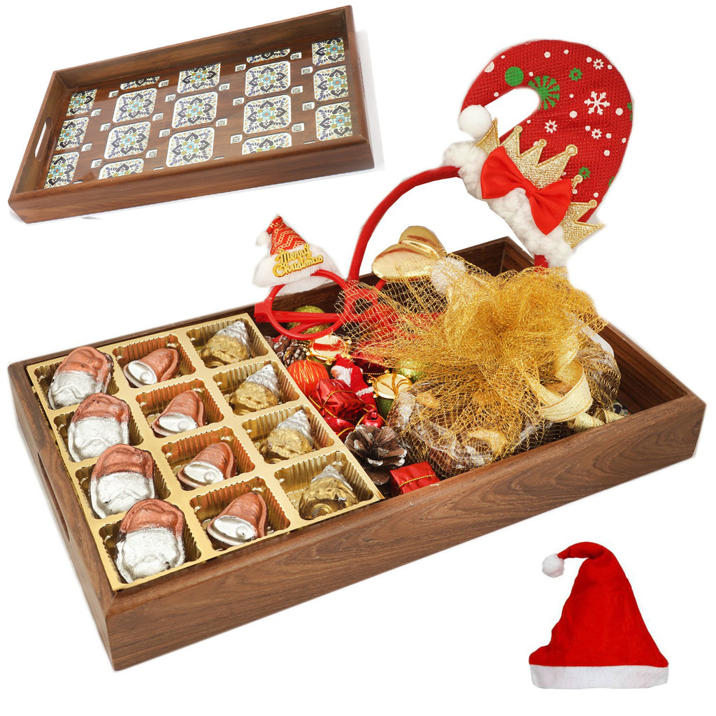 Big Wooden Printed Serving Tray with Plum Cake, 12 pcs Sheen Christmas Chocolates and Christmas Decor set