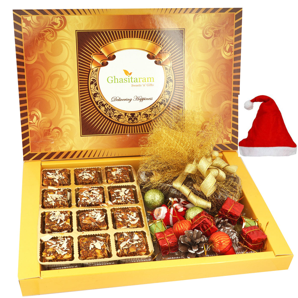 Big Box of Sugarfree Figs and Dates Bites, Plum Cake and Christams Decor