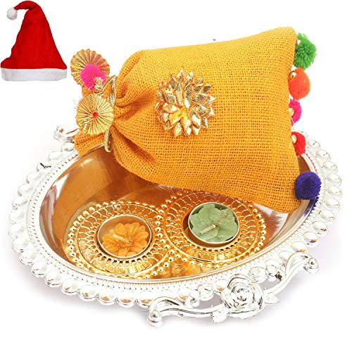 Silver Oval Tray with Jute Nutties Pouch and 2 T-Lites